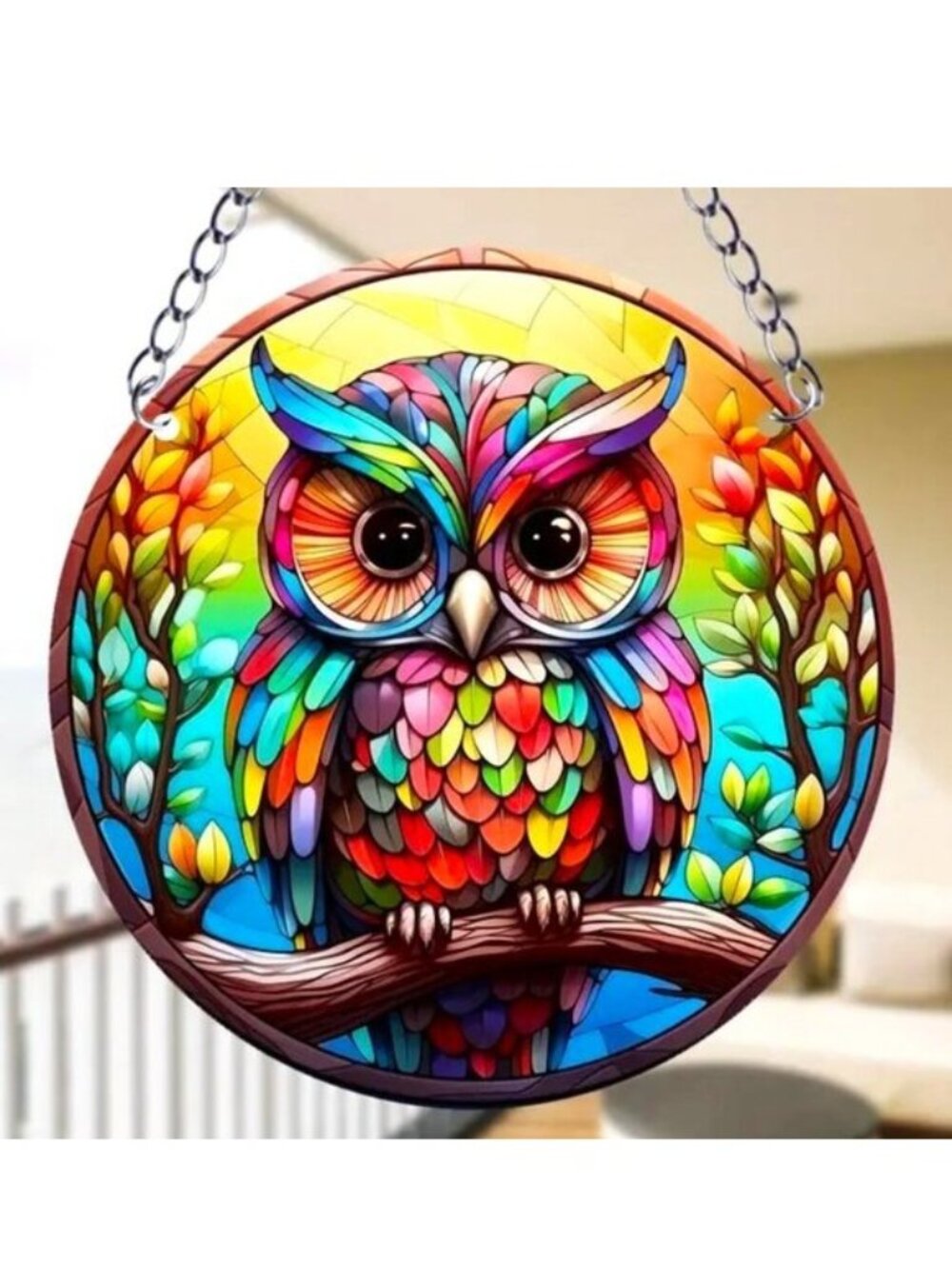Owl Suncatcher Fantasy Lucky Vibrant Colorful Hanging In/Outdoor Wise Art Deco